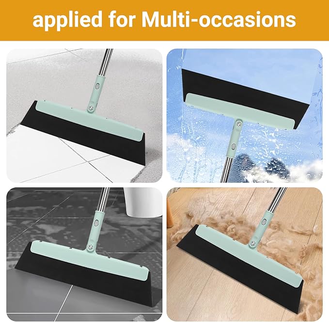 Sayene Broom and Dustpan Set,Squeegee Broom,Long Handle Broom and Dustpan Set,Broom with Stand Up Dustpan Combo Set,Squeegee - Kit for Indoor Cleaning 2+1 for Home, Office, Lobby(Green)