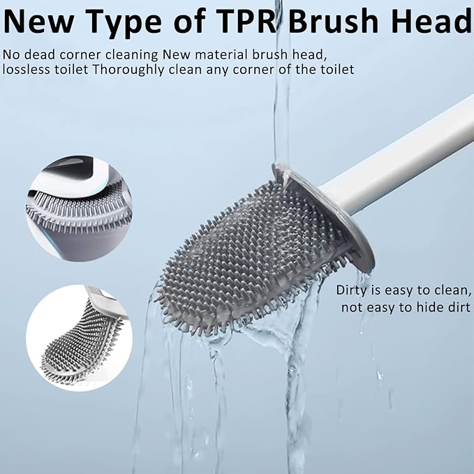 Toilet Brush, Silicone Toilet Bowl Brushes and Holder for Bathroom, Compact Flexible Toilet Cleaner Brush with Ventilated Drying Holder, Wall Mounted/Floor Standing