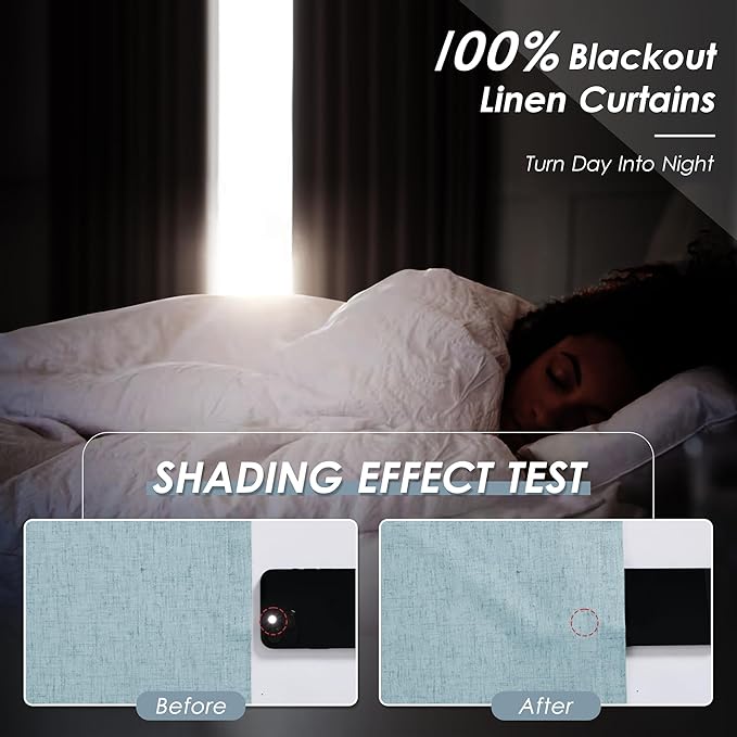 Blackout Light Blue Linen Curtains 96 Inches Long Back Tab Heat Reflective Full Light Block Out Curtain 2 Panels for Bedroom Window Textured Long Draperies with Liner Floor to Ceiling Length 52x96