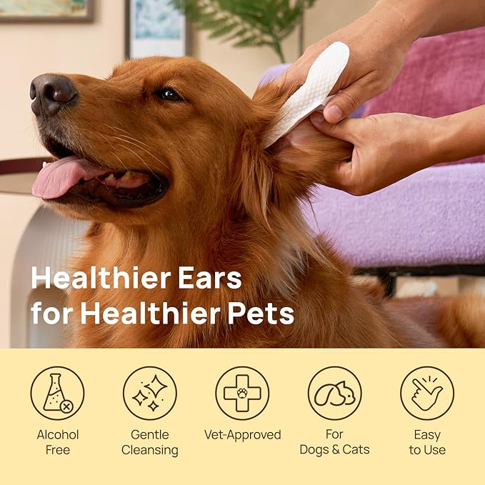 HICC PET Ear Cleaner Wipes for Dogs & Cats, Vet-Recommended Dog Ear Infection Treatment to Relief Itching & Inflammation, Remove Wax, Dirt & Stop Smelly, Cleaning Deodorizing Wipes 100ct(Unscented)