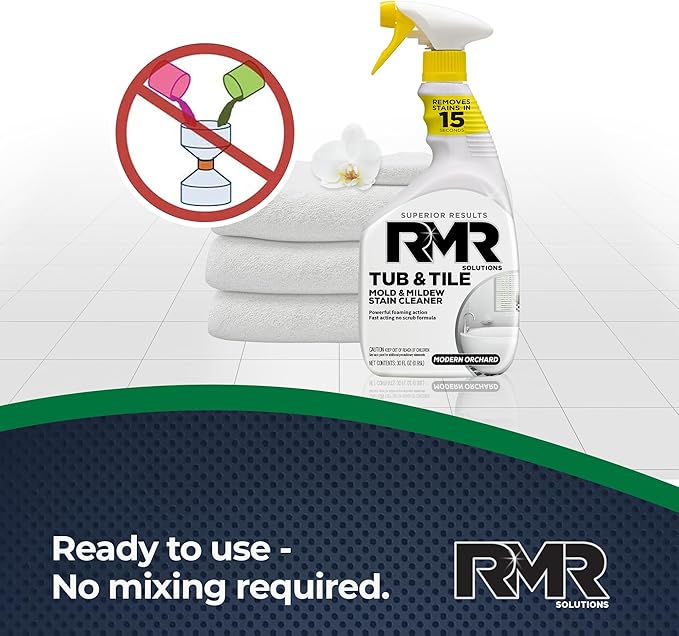 RMR - Tub and Tile Cleaner, Mold & Mildew Stain Remover, Industrial-Strength, No-Scrub Foam Cleaner, Modern Orchard Scent, 30 Fl Oz