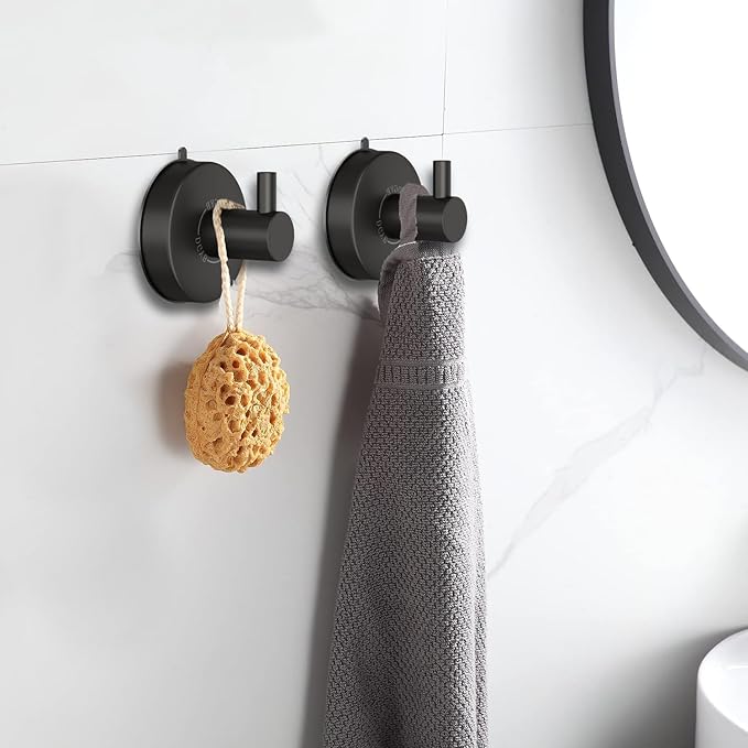 DGYB Suction Cup Hooks for Shower Set of 2 Towel Hooks for Bathrooms SUS 304 Stainless Steel Matte Black Shower Hook for Loofah 15 LB Bathroom Hook for Towels