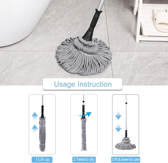 Eyliden Mop with 2 Reusable Heads, Easy Wringing Twist Mop, with 57.5 inch Long Handle, Wet Mops for Floor Cleaning, Commercial Household Clean Hardwood, Vinyl, Tile, and More (Grey)