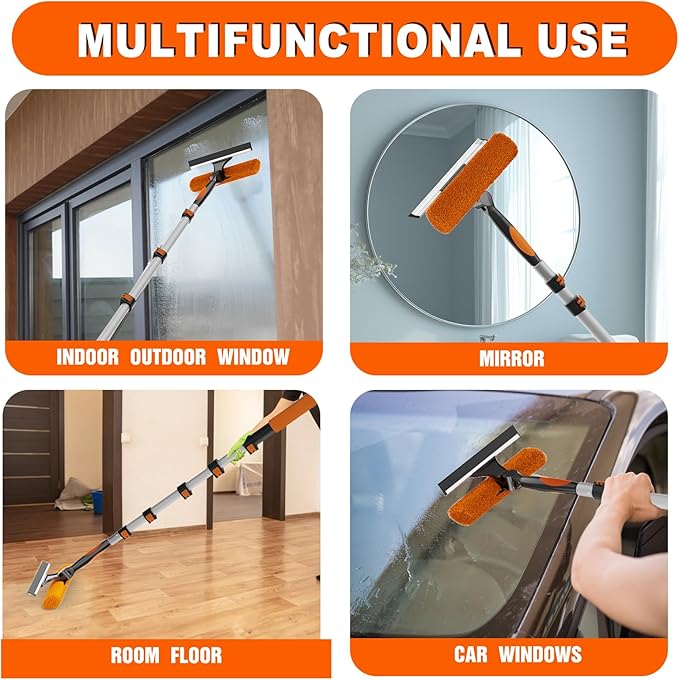 SISUPASSIE 30FT Reach Window Squeegee with Extension Pole, 2-in-1 Professional Window Washing Kit for Home, Indoor Outdoor Squeegee with Rotatable Head for High Windows