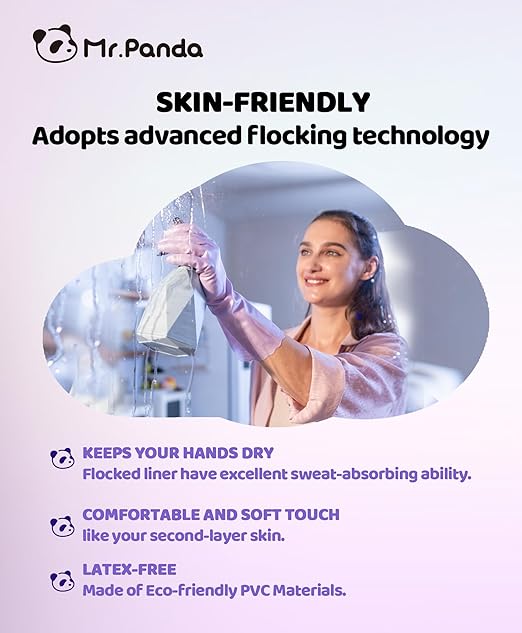 Mr.Panda 3 Pairs Skin-Friendly Flocked Cotton Liner Cleaning Gloves Small, Reusable Dishwashing Gloves for Washing Dishes, Kitchen, Shimmering Pink