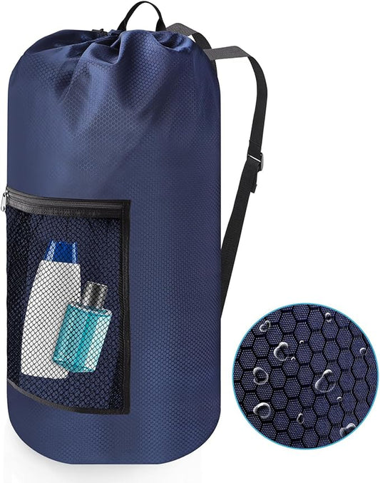 Portable Laundry Backpack With Adjustable Shoulder Straps, Drawstring Closure & Mesh Pocket for Travel, College, Apartment, Camping (Dark Blue)