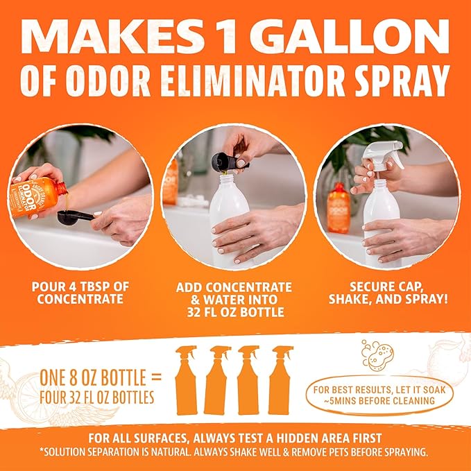 ANGRY ORANGE Pet Odor Eliminator – Citrus Concentrate (8 oz, Makes 128 oz) + 1 Gallon Cleaner for Dog and Cat Urine, Stains, and Odors