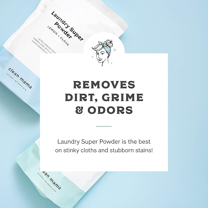 Clean Mama Laundry Super Powder Detergent - Extra Strength Laundry Detergent Powder - Natural Laundry Detergent for Sensitive Skin - Enzyme Powered, Fights Stains & Odors - Lemon + Clove, 60 Loads