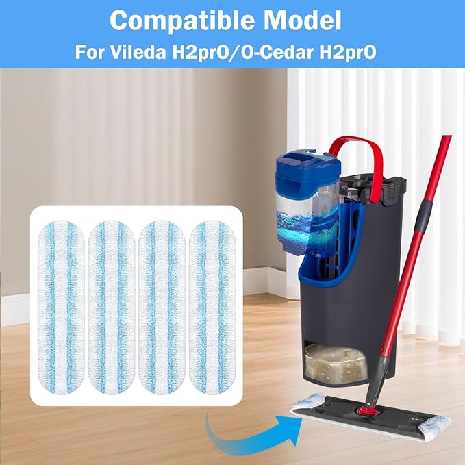 4 Pack Mop Replacement Pads for OCedar H2prO Flat Mop System, Microfiber Refills Heads Replacements for Vileda H2prO Flat Floor Mop, Washable & Reusable Pad Refills for Deep Cleaning