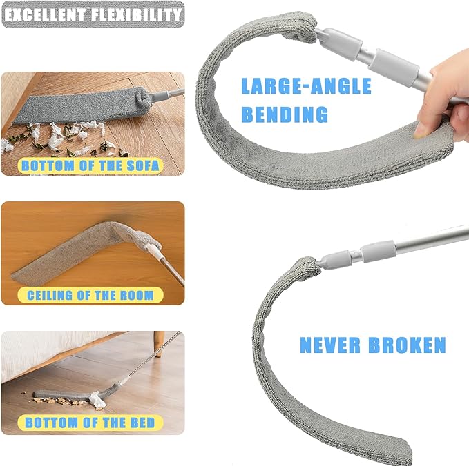 Retractable Gap Dust Cleaner, 40” Flat Cleaner with Hanging Hook, Bendable and Detachable Head Microfiber Duster, Washable Dust Brush for Home, AC, Car and Hard-to-Reach Corners, Containing 2 Clothes