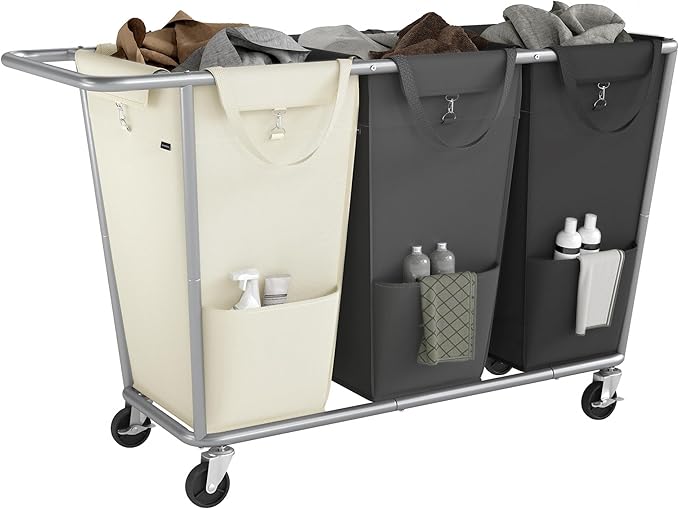 SONGMICS Laundry Basket with Wheels, 76.6 Gallons (290 L), 3-Section Rolling Laundry Hamper with Removable Bags, Heavy-Duty Steel Frame with Handle, Cream White, Dark Gray and Ink Black URLS010X01