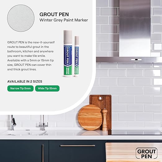 Grout Pen Tile Paint Marker: Waterproof Grout Paint, Tile Grout Colorant and Sealer Pen - Winter Grey, Wide 15mm Tip (20mL)