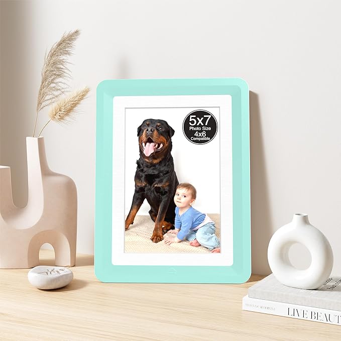 6-Pack 5x7 Picture Frame or 4x6 with Mat – Shatterproof Plastic Picture Frames for Family, Nursery & Playroom, Wall & Tabletop Frame for Home or Office, Safe Lightweight Design, Forest Green