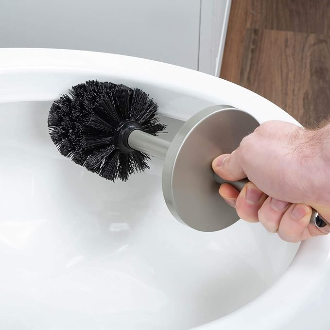 JS Jackson Supplies Sleek Toilet Brush and Holder with Metal Handle - Brushed Nickel