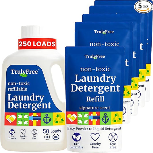 Truly Free Natural Laundry Detergent for Sensitive Skin | Eco Friendly, Plant Based, Baby Clothes Safe | Clean & Easy Powder to Liquid, 5 Pack Detergent + 1 Refillable Jug | Signature Scent 250 Loads