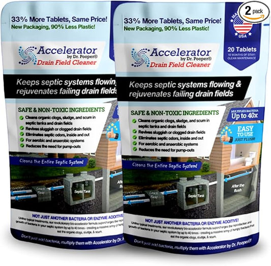 2-Pack Value BUNDLE of Drain Field Cleaner Tablets by Dr Pooper. Clears Septic Tanks and Drain Fields of Tough Clogs, Scum, Sludge AND Eliminates Odors FAST - Aerobic & Anaerobic Systems, Just Flush