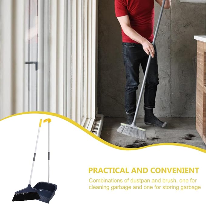 ULTECHNOVO Stand Up Dustpan and Broom Set - Long Handle Broom with Upright Standing Dust Pan - Angled for Indoor Outdoor Home Kitchen Office Floor Cleaning (Blue)
