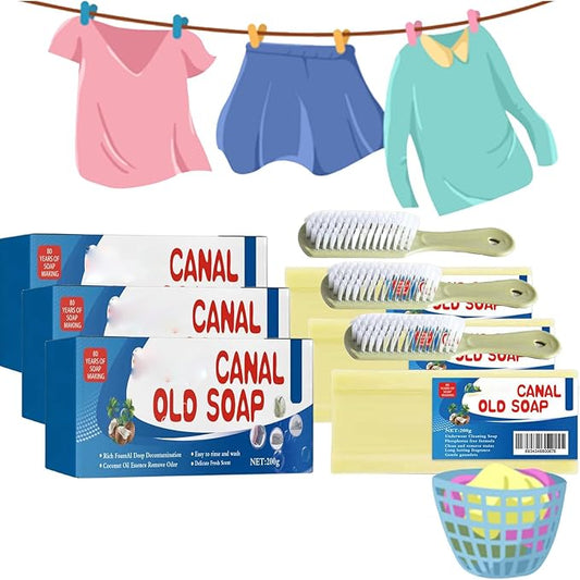Canal Old Soap with Brush, Grand Old Soap for Stains, Canal Underwear Cleaning Laundry Long Lasting Fragrance Soap Bars, Gentle Not Hurt Hands Removing Old Stains (3PCS)