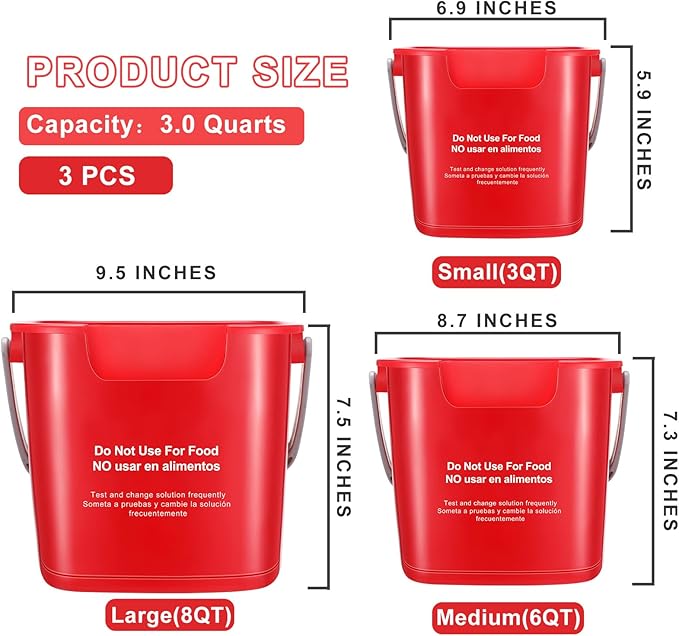 LemonRoad 3 Pcs Cleaning Bucket Small Sanitizing Square Bucket Multi-Size 3+6+8 Quart Detergent Pail for Home Commercial Restaurant Kitchen Office School Wash Rinse Sanitize Handwash(Red)