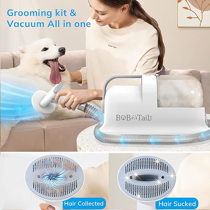 Bobotails Pet Grooming Vacuum Kit, 1.5L Dust Cup Dog Grooming Vacuum 8 in 1, Dog deshedding Brush with Clipper Low Noise Mess-Free for Shedding Pet Hair, Home Cleaning (White)