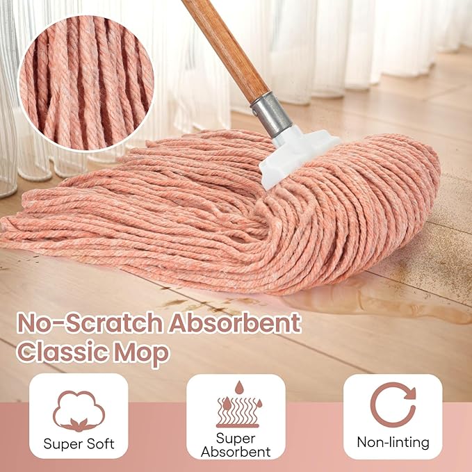 Matthew Cleaning Screw-on Heavy Duty Cotton Wet Mop Replacement Heads(Orange, Large,12 Pack) with 2 Pack Microfiber Cloth for Residential & Commercial Floor Cleaning Use- Fit Standard American Screw