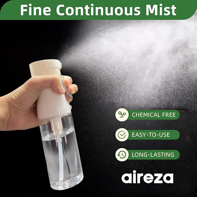 2-Pack Continuous Fine Mist Spray Bottle for Hair - Patented Ultra-Fine Mist for Hairstyling, Cleaning, Plants, and More - BPA-Free, Leak-Proof, 360° Spray, Durable - White (300 ml/10.1oz)