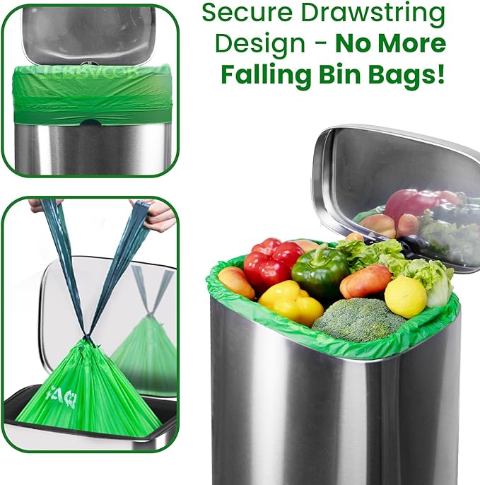 TERRACOR 6 Gallon Compostable Trash Bags Drawstring, Heavy Duty Extra Thick 1 Mil, 35 Bags, Tall Kitchen Food Scrap Waste Bag, ASTM D6400