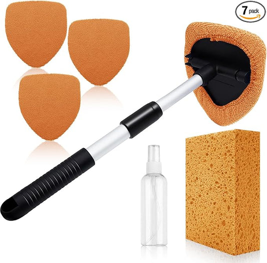 Windshield Cleaner Tool 22.5" L - Car Interior&Exterior Window Cleaning Kit with Extendable Handle&4 Microfiber Pads and Thick Large Wash Sponge,Auto Glass Wiper Brush Kit for Cars Home (7pcs Orange)