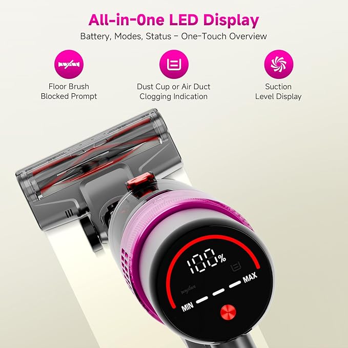 Clinkal Cordless Vacuum Cleaner: 40KPA Powerful Suction Cordless Stick Vacuum Cleaners for Home, Anti-Tangle Brush, Lightweight, 6-in-1 Rechargeable Vacuum for Pet Hair/Carpet/Hard Floor(Purple)