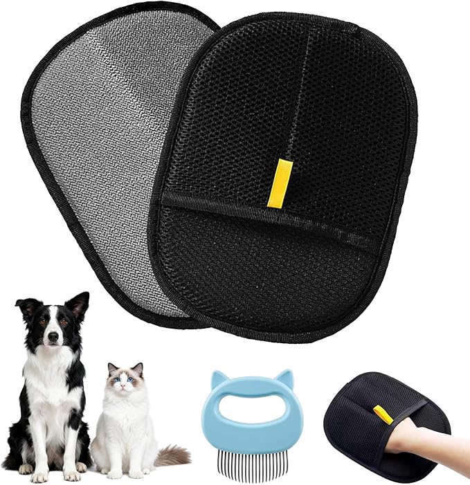 Xylpaar 2 Pcs Black Double Sided Pet Hair Removal Gloves, Electrostatic Magic Brush Pet Hair Remover and Grooming Tool with Shell Comb for Dogs & Cats, Sofa, Bed, Car and Furniture