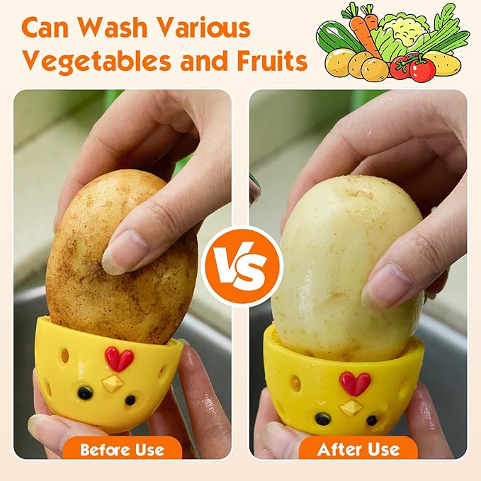 Egg Brush Cleaner, Egg Cleaner Scrubber for Fresh Eggs, Cute Chick Shaped Silicone Egg Washer, Reusable Multipurpose Washing Egg Tool for Fruits and Vegetables(Yellow, 1 Set)