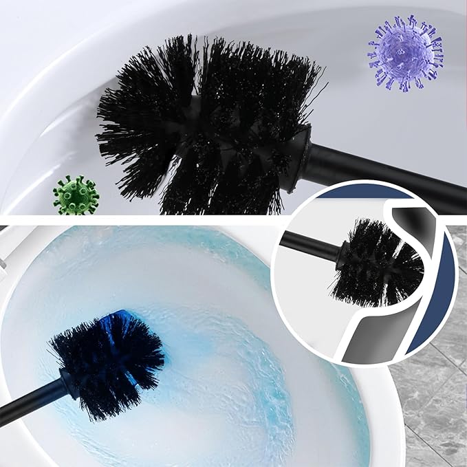 Toilet Brush and Holder Set of 2 | Great Value 2-Pack for Multiple Bathrooms | Sturdy Reinforced Handle for Durability | Discreet Enclosed Caddy | 360° Deep Cleaning Bristles | (Black)