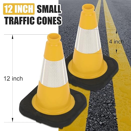 Fluorescent Orange/Green PVC Traffic Cones, Heavy Black Base Parking Lot Cone Structurally Stable Weatherproof Road Construction Safety Cones (4, Yellow, 12" Small)