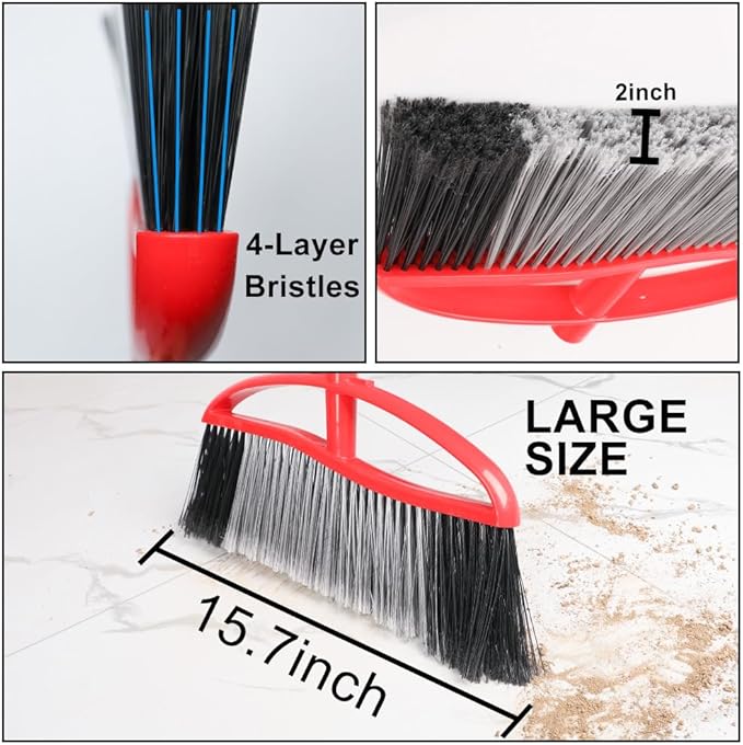 MuLing Heavy Duty Outdooor Broom - 15.7" Wide Broom with Wide Angle Design, Long Handle & Powerful Stiff Bristles for Patio, Garden, Garage, Yard (Red)