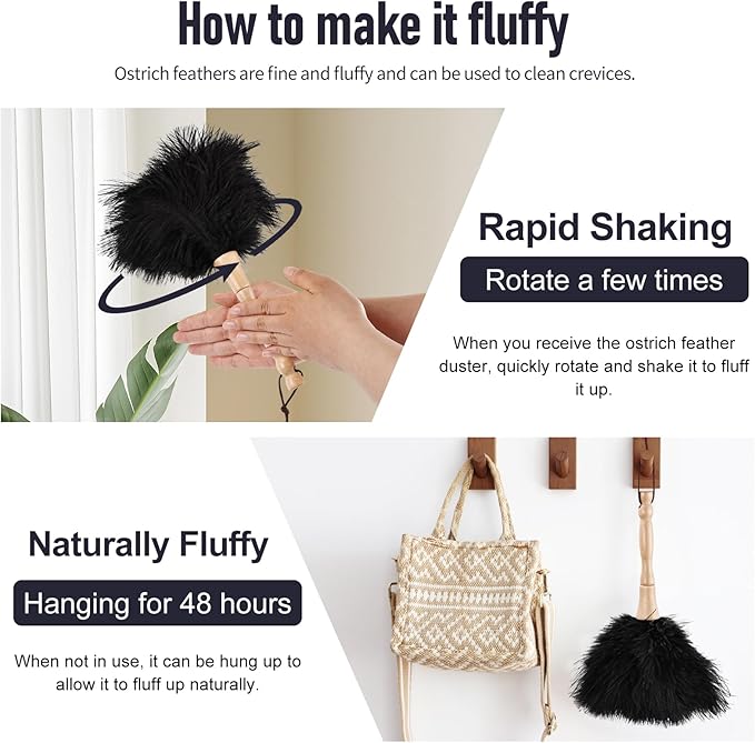MehelloFeather Ostrich Feather Duster 12 Inch Handheld Duster Supplies, Wooden Handle Feather Duster for Cleaning Keyboard Home Car Office (Black 2Pcs)
