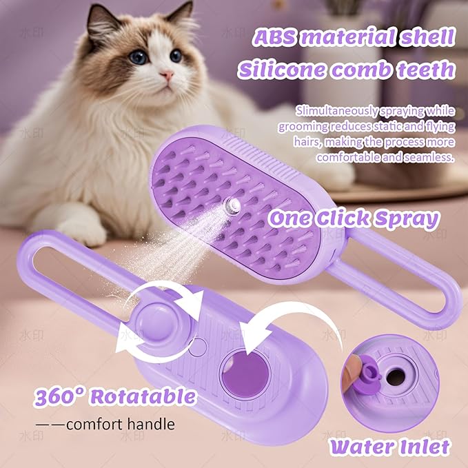 Secrtji 4 in 1 Cat & Dog Steam Brush Kit with 2 Comb Heads - Rechargeable Grooming Brush for Long/Short Hair Shedding, Anti-Static Steam Spray & Foldable Handle, Pet Spa Cleaning Tool (Purple)