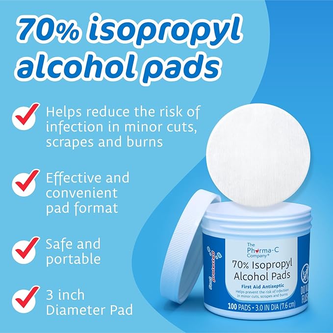 The Pharma-C Company 70% Isopropyl Alcohol Pads [100 count]. First Aid - Antiseptic Wipes - Extra Large - Alcohol for minor cuts, scrapes and burns.