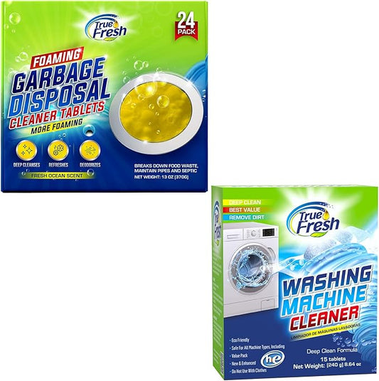 True Fresh 15 Washing Machine Cleaner Tablets & 24 Garbage Disposal Cleaner Tablets, Perfect Combo for sink and washers, Compatible with all washing machines and disposal brands - 12 Month Supply