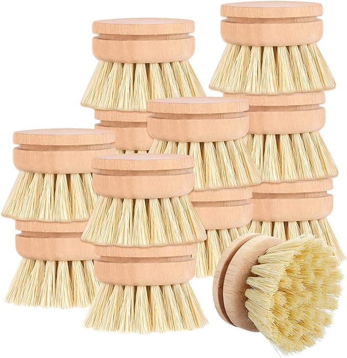 12 Pcs Bamboo Dish Brush Replacement Heads, Natural Sisal Bristle Refills, Eco Friendly Compostable Scrubber Heads for Cleaning Kitchen Utensils
