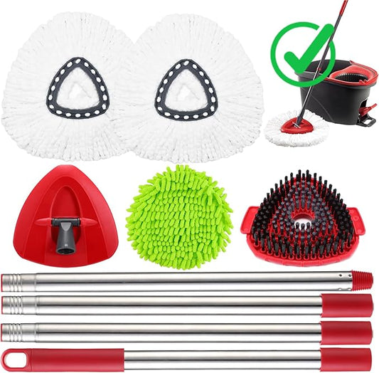 EasyWring Spin Mop Replacement Head Spin Mop Refills Compatible with O Cedar EasyWring 1-Tank Spin Mop Handle, 3 Microfiber Mop Refills, 1 Triangle Head Cover, 1 Scrubber Head and Handle for Ocedar