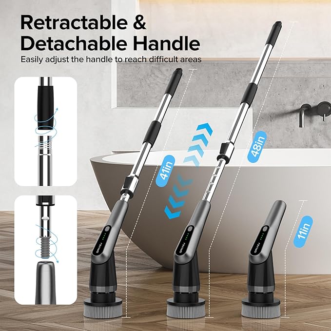 G2-Pro Electric Spin Scrubber - Upgraded 12-in-1 Scrubber Brush Electric, Retractable Handle & 2-Speed for Bathroom, Bathtub, Kitchen, Tile Floors（White/Gray Brush Head）