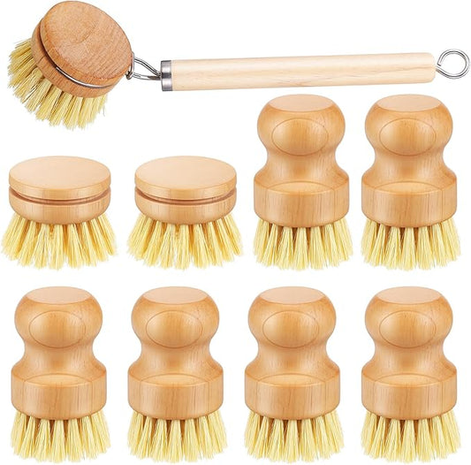 COMNICO Bamboo Dish Brush Set, 9 Pack Kitchen Natural Wooden Cleaning Scrubbers Set Washing Dish Brush Scrubber with Natural Sisal Bristles for Household Cleaning Vegetables