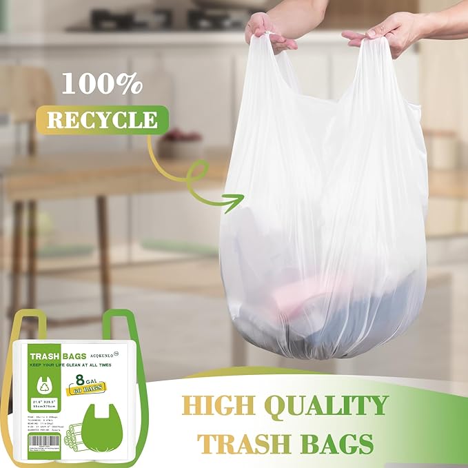 8 Gallon White-Trash-Bags Unscented Tall Kitchen - Large Plastic Garbage Bag With Handles 60Counts Recycling Office Car Medium Waste Basket Can Liner Thick Strong Acqkunlo