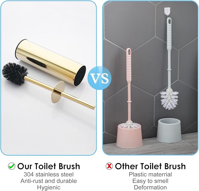 Kelirol Toilet Brush and Holder Set Gold Stainless Steel, 304 Heavy Duty Round Toilet Brush Set – Rust Resistant, Long Handle, Replacement Heads, Floor Standing Bathroom Toilet Cleaning Brush