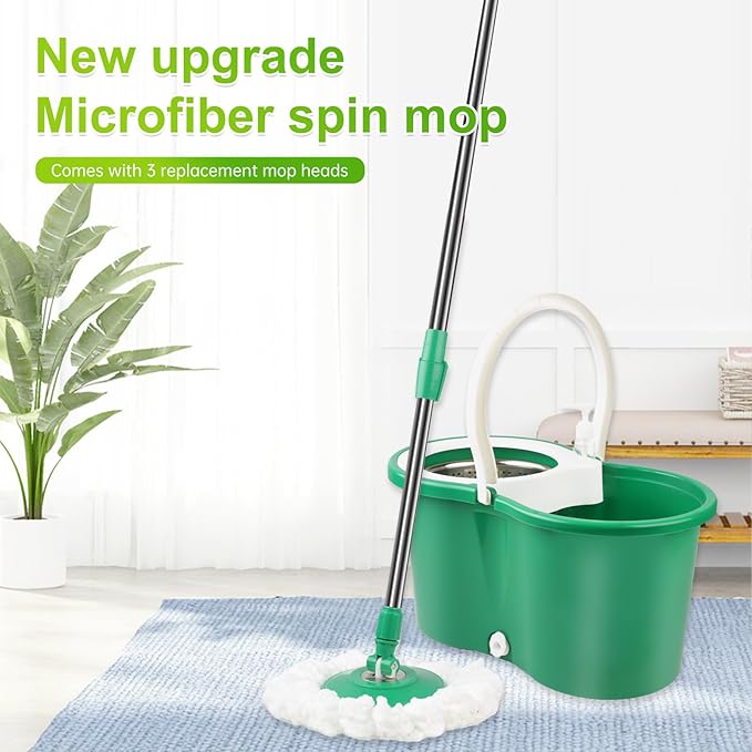 Spin Mop and Bucket with Wringer Set, 360°Spin Mop & Bucket Floor Cleaning System Mop Bucket with Adjustable Extended Handle 3 Microfiber Replacement Head Refills, Green