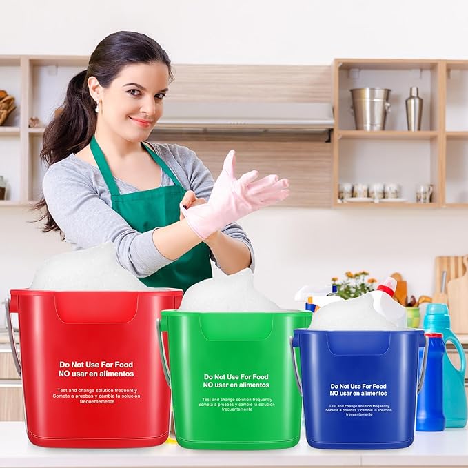 LemonRoad 3 Pcs Cleaning Bucket Small Sanitizing Square Bucket Multi-Size 3+6+8 Quart Detergent Pail for Home Commercial Restaurant Kitchen Office School Wash Rinse Sanitize Handwash(Red,Green,Blue)