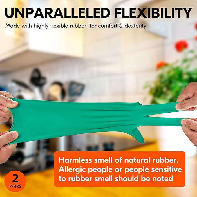 Vgo... 2-Pairs Reusable Household Gloves, Rubber Dishwashing gloves, Extra Thickness, Long Sleeves, Kitchen Cleaning, Working, Painting, Gardening, Pet Care (Size M, Green, HH4601)