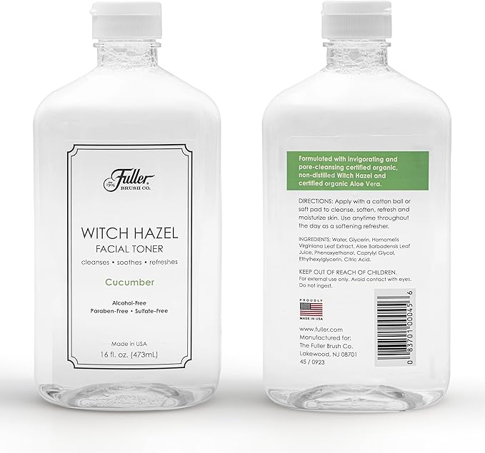 Fuller Brush Witch Hazel Facial Toner - Alcohol-Free, Organic Aloe Vera & Witch Hazel, 16 fl. oz, Paraben & Sulfate-Free, Cleanses - Soothes, Refreshes - Made in USA (Cucumber), Clear