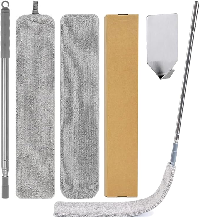 Retractable Gap Dust Cleaner, 94” Flat Cleaner with Hanging Hook, Bendable and Detachable Head Microfiber Duster, Washable Dust Brush for Home, AC, Car and Hard-to-Reach Corners, Containing 2 Clothes