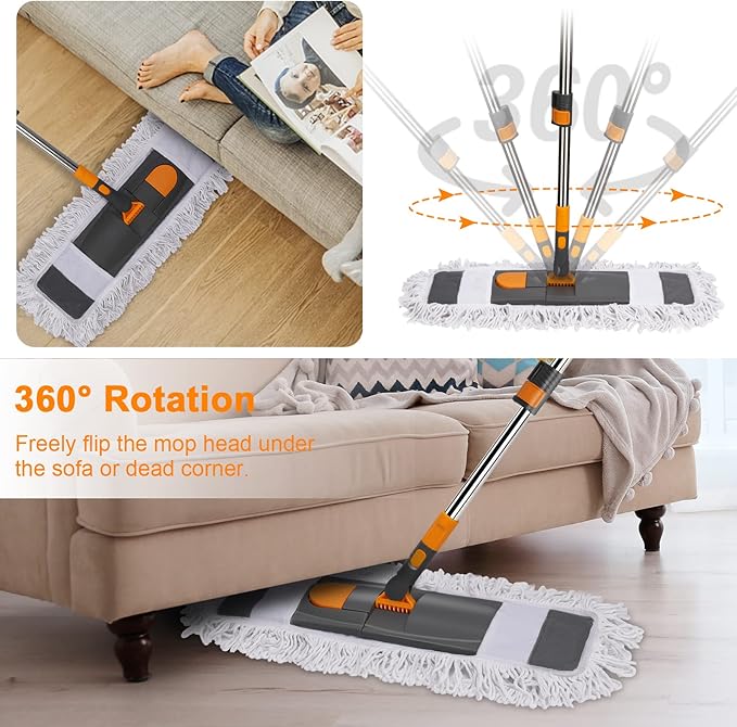 MASTERTOP Dust Mop for Floor Cleaning, Microfiber Floor Mop with 2 Washable Pads, Height Adjustable Long Handle, 26.4'' Dry and Wet Flat Mop for Hardwood, Laminate, Tile, Marble